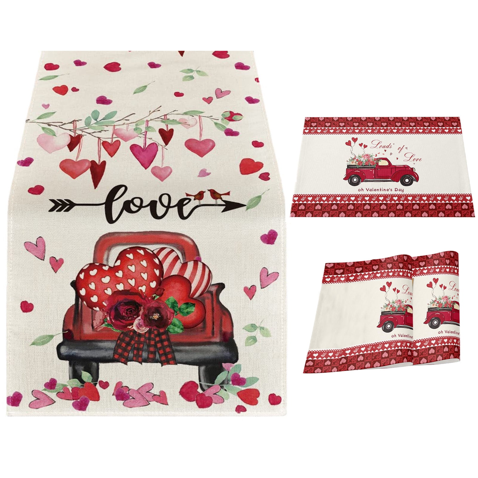 3 Pcs Valentines Day Table Runner With 2 Placemats Leopard Love Heart ...