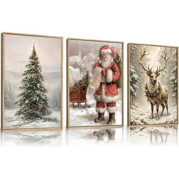 3 Pcs Vintage Christmas Canvas Wall Art Snow Scene Santa Xmas Tree Reindeer Retro Winter Wall Decor Posters Print Artwork for Living room Bedroom Home Decoration Unframed