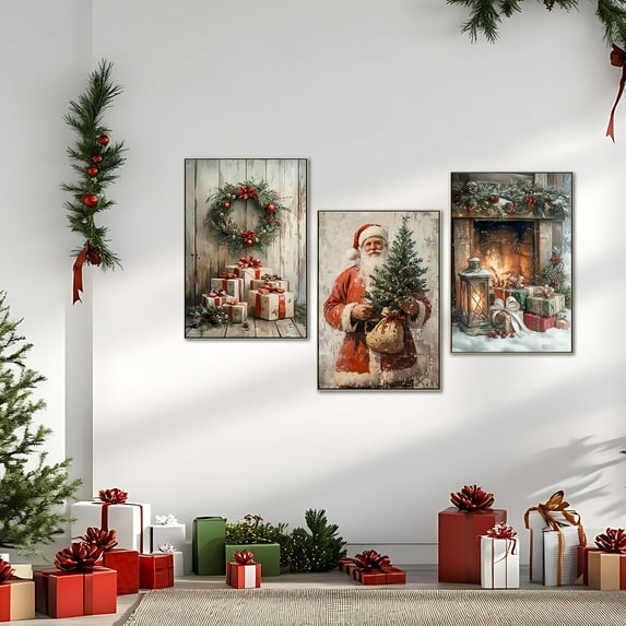 3 Pcs Vintage Christmas Wall Santa Xmas Tree Holiday Painting Winter Decor Christmas Pictures Decoration for Living Room Bedroom Medium 15 In