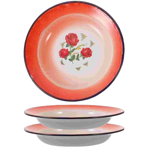 3 Pcs Vintage Enamel Plate Food Dish Pizza Serving Tray Snack Plates Salad Camping Condiment Containers Fruit Platter