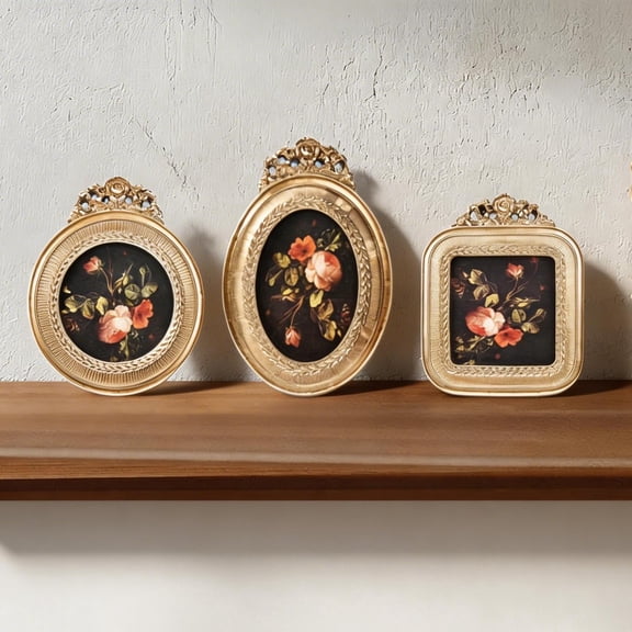 Vintage Picture Frame Set of 3-2.5x2.5 Inch & 2.5x3.5 Inch (Square + Round) Wall/Tabletop Display, Baroque Resin Glass Rustic Photo Frames for Home, Wedding, Office Decor
