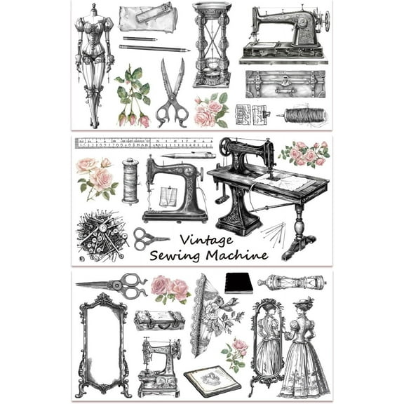 3 Pcs Vintage Sewing Machines and Flower Rub on Transfers for Furniture and Crafts Decals 6x12 inch Furniture Transfer Stickers Self Adhesive Waterproof Dcor Transfers Decals for Home Colorful DIY
