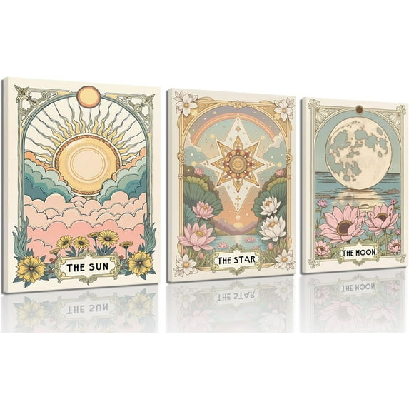 3 Pcs Vintage Tarot Astrology Canvas Wall Art Sun and Moon star Wall Decor Pictures Celestial Poster Prints for Living Room Bedroom Kitchen Office Cafe Bar Dormitory Hallway Home Decoration