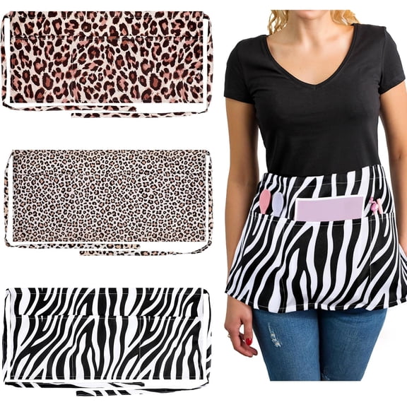 3 Pcs Waitress Aprons for Server Leopard Zebra Print Half Aprons with 3 Pockets Half Apron with Pockets for Women Teachers Waiter Bartender Barista Restaurant Coffee Mom