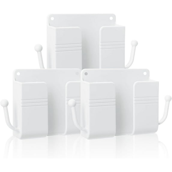 3 Pcs Wall Mount Phone Holder, Phone Stand for Bed, Wall Mounted Shower Phone Holder Remote Control Holder with Hooks, Self-Adhesive Universal Media Organizer Storage Box