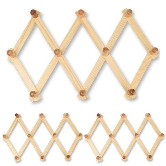 3 Pcs Wall Mounted Expandable Cloth Rack,Wooden Coat Hanger,Accordion Design Adjustable Hooks,10 Peg Hooks,Storage Purses Hats Scarves Towels Jackets Umbrella Accessories