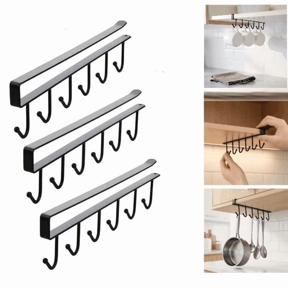 3 Pcs Wall Mounted Mug Holder, Coffee Cup Holder, Cabinet Storage Hook, Kitchen Utensil Storage Hook, Multipurpose Hanging Hooks for Pots Pans Spoons Spatulas Cooking Accessories Kitchen Hardware