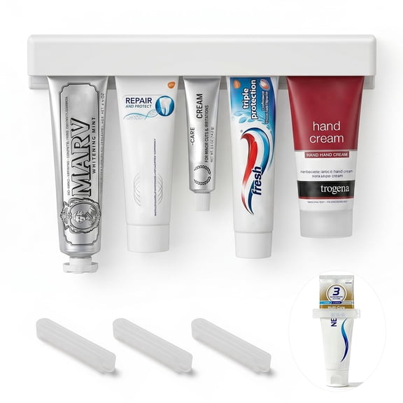 3 Pcs Wall Mounted Toothpaste & Toothbrush Holder Set, 1 Toothpaste Clip + 2 Toothbrush Holders with Cover, No Drill Adhesive for Bathroom, Translucent Grey