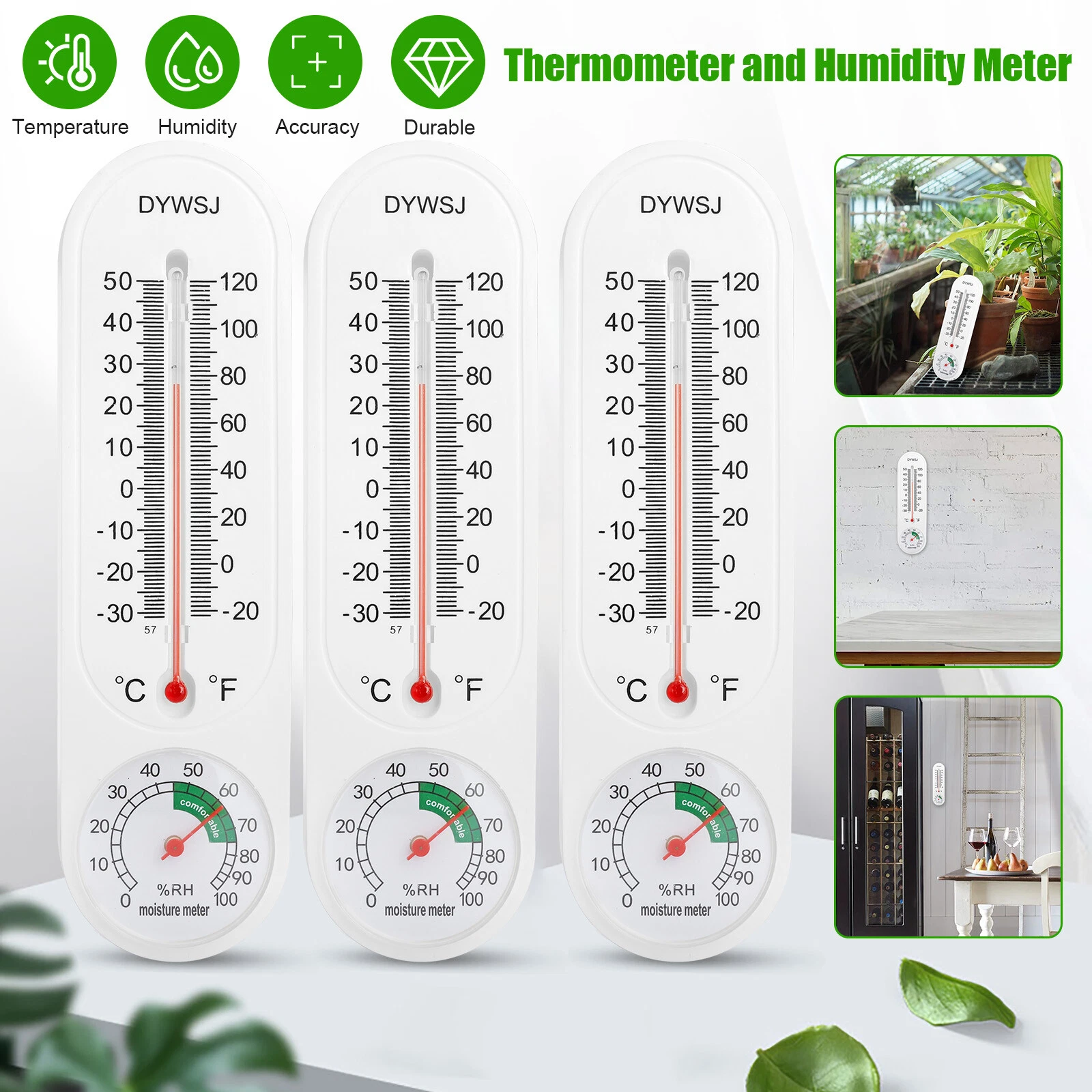 3 Pcs Wall Thermometers Garden Greenhouse Yard Humidity Meter For Indoor Outdoor