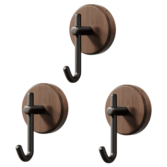 3 Pcs Walnut Wood Wall Hooks, Decorative Adhesive Wall Hook for Hanging Coats, Hats, Clothes, Heavy Duty & Damage-Free, Modern J-Shaped Hook for Entryway, Bedroom