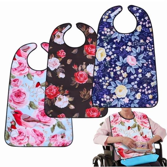 3 Pcs,Washable Adjustable Adult Bib with Crumb Catcher | Adult Apron for Elderly Women, Dining Bib