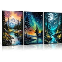 3 Pcs Watercolor Starry Sky Over Oil Canvas wall art Night Forest Wilderness Wall Decor pictures Full MoonMountain Tree Landscape Poster Prints For Adults Teen Room Home Decortion Posters