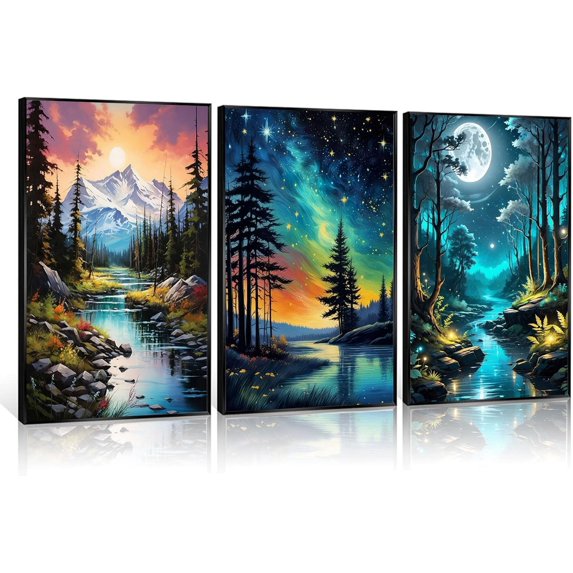 3 Pcs Watercolor Starry Sky Over Oil Canvas wall art Night Forest Wilderness Wall Decor pictures Full MoonMountain Tree Landscape Poster Prints For Adults Teen Room Home Decortion Posters