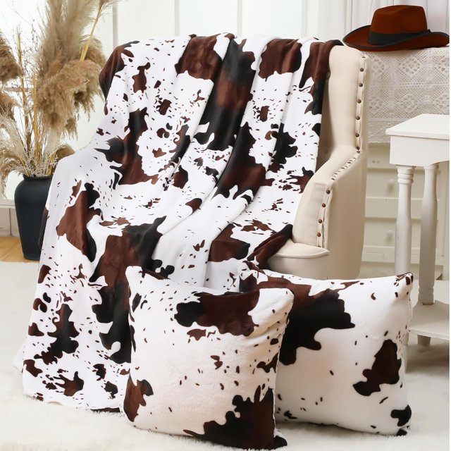 3 Pcs Western Cow Throw Blanket Pillow Covers Set 1 Western Throw