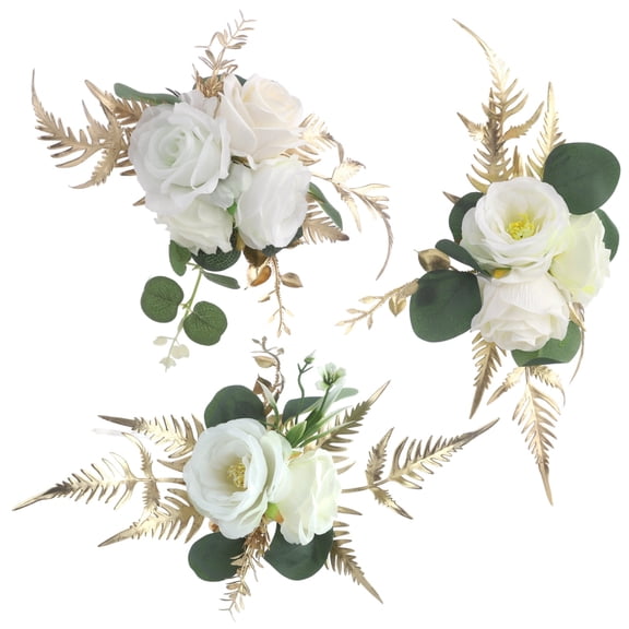 3 Pcs White Artificial Rose Floral Cake Flowers Silk Wedding Cake Decorations with Gold Leaves, PreMade Flower Arrangements for Wedding, Anniversary & Party Dessert Tables