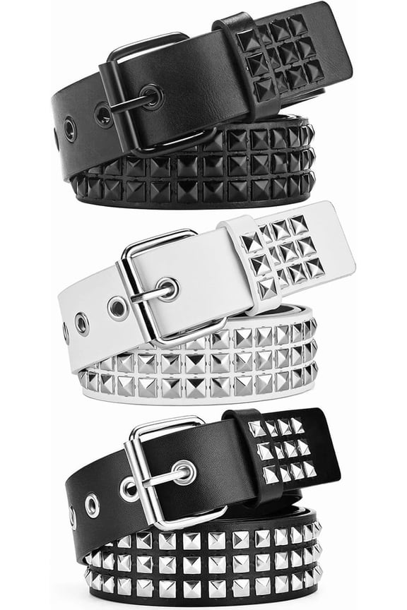 3 Pcs White Black Studded Belt Y2K Belt Gothic Punk Rock Belt with Grommet Threads Bright Metal Pyramid Cool Belts for Women Men