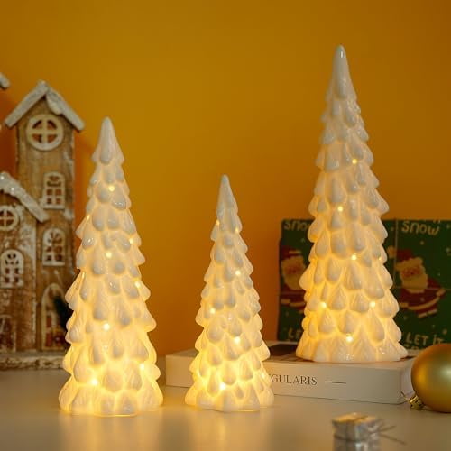 3 Pcs White Ceramic Christmas Trees with Lights, Table Top Christmas Decor, Porcelain Tree Figurine with Timer, Small Ceramic Christmas Trees Set, White Tabletop Christmas Tree for Mantel