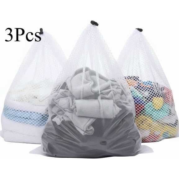 3 Pcs White Mesh Laundry Bags Washing Machine Mesh Wash Bags Jumbo for Delicates Clothes,Bed Linen,Toys with Drawstring Closure Sturdy(3 XXLarge 28 x 26 Inches)