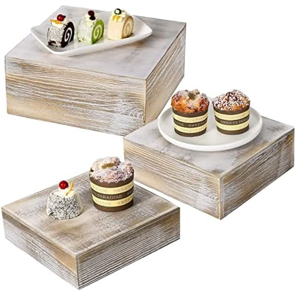 3 Pcs Whitewashed Wood Square Display Stand Crate Style Cake Stand Risers for Cupcake Appetizer Dessert Rustic Cupcake Stand Stackable Display Box Riser Stands$$Home Decor, Kitchen, & Other