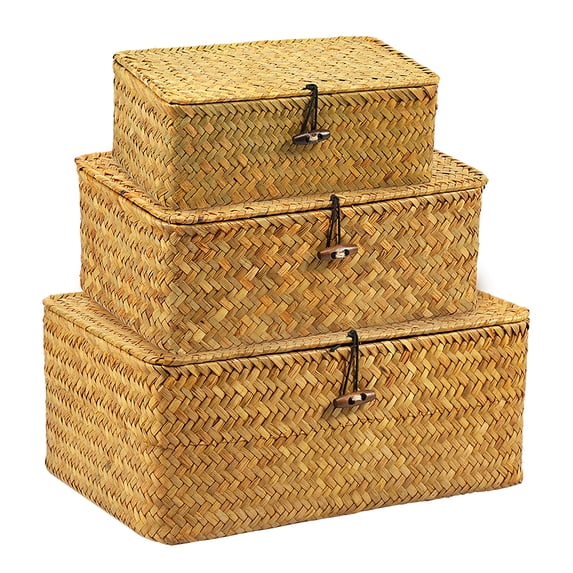 3 Pcs Wicker Storage Basket with Lid Handmade Hay Woven Basket with Lid Multifunctional Stackable Easy to Clean Hay Storage Basket for Toys Cosmetics Bathroom