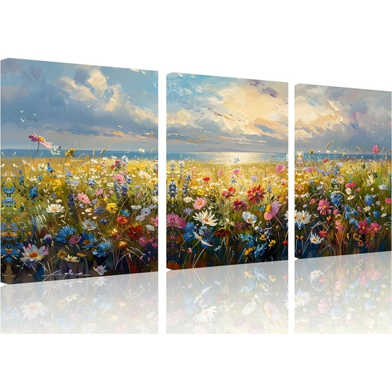 3 Pcs Wildflower Field Artwork Rustic Wildflower Field at Beach Vintage Wall Art Canvas Prints Wild Flower Wall Art Rustic Style Kitchen Office Farmhouse Bathroom Decor 12x16inchx3
