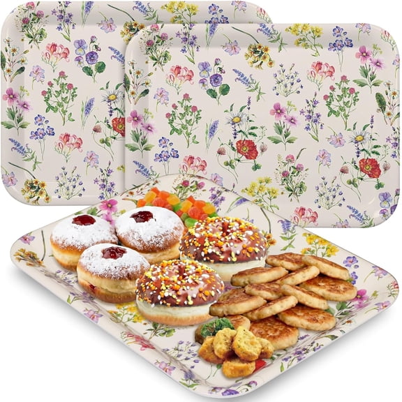 3 Pcs Wildflower Serving Trays 13 x 10 Inch Vintage Floral Melamine Platters Reusable Rectangular Dishes for Spring Summer Wedding Bridal Tea Party Sharing Snacks Fruit Dessert Candy