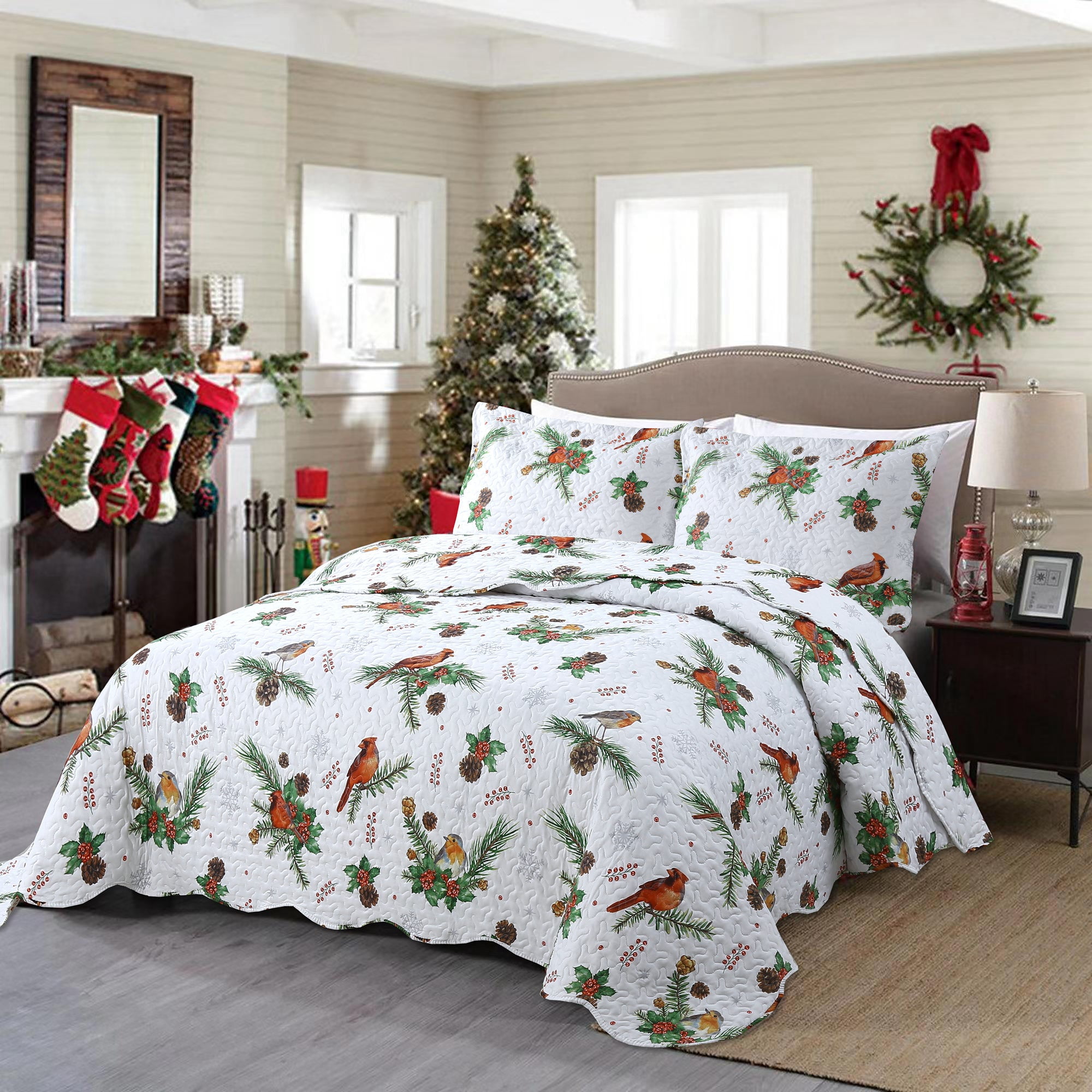 3 Pcs Winter Cardinals Christmas Quilt Bedspread Set Holiday Bedding