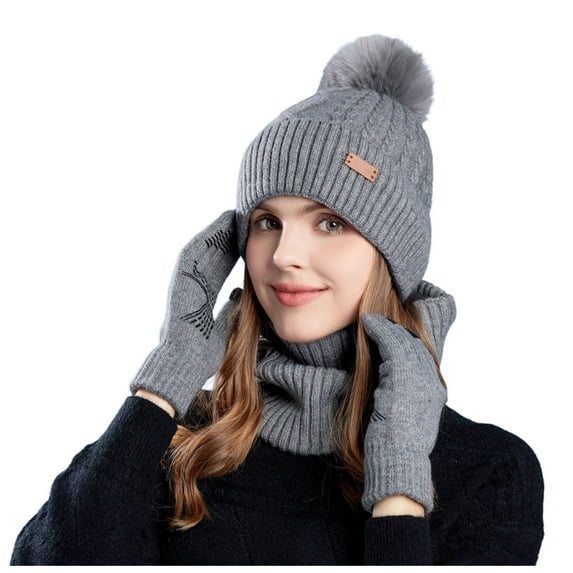 3 Pcs Winter Satin Silk Lined Beanie Hat Long Knit Scarf Touchscreen Wool Gloves Set for Women Men