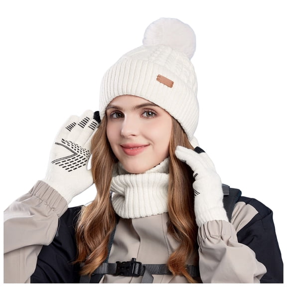 3 Pcs Winter Satin Silk Lined Beanie Hat Long Knit Scarf Touchscreen Wool Gloves Set for Women Men