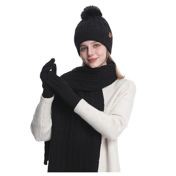 3 Pcs Winter Satin Silk Lined Beanie Hat Long Knit Scarf Touchscreen Wool Gloves Set for Women Men