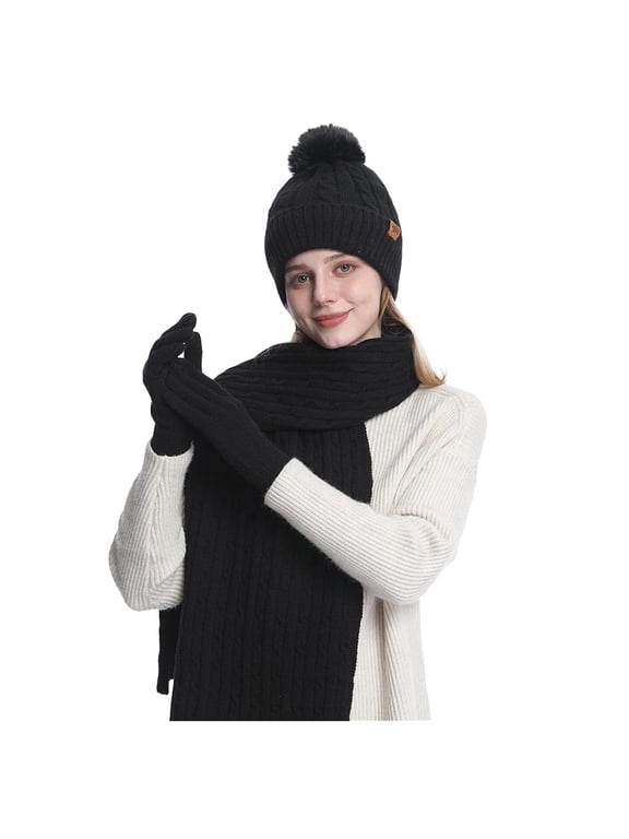 3 Pcs Winter Satin Silk Lined Beanie Hat Long Knit Scarf Touchscreen Wool Gloves Set for Women Men