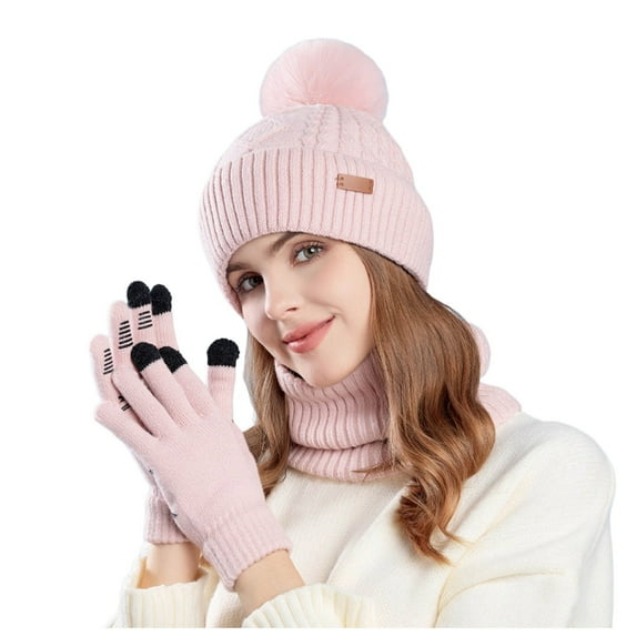 3 Pcs Winter Satin Silk Lined Beanie Hat Long Knit Scarf Touchscreen Wool Gloves Set for Women Men