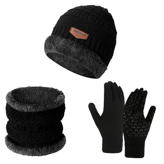 3 Pcs Winter Satin Silk Lined Beanie Hat Long Knit Scarf Touchscreen Wool Gloves Set for Women Men