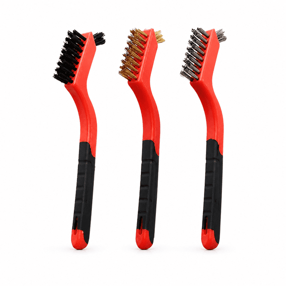3 Pcs Wire Brush Set, Brass NylonStainless Steel Bristles,Heavy Duty Crimped Scratch for Grill,Welding Slag,Rust,Dirt & Paint Scrubbing with Deep Cleaning,Curved Handle Grip Metal