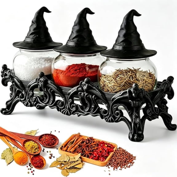 3 Pcs Witch Hat Spice Jar Set Gothic Witchy Glass Apothecary Jars With Witch Hat Lids Ornate Resin Stand Countertop Spice Herb Storage Container For Halloween Kitchen Decor