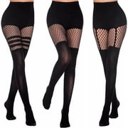 3 Pcs Womens Fishnet Tights Set, Suspender Opaque Fishnet Stockings, Womens Mock Thigh High Suspender Stockings Fishnets Opaque Stocking Pantyhose Gifts For Ladies Fashionable Pattern Black