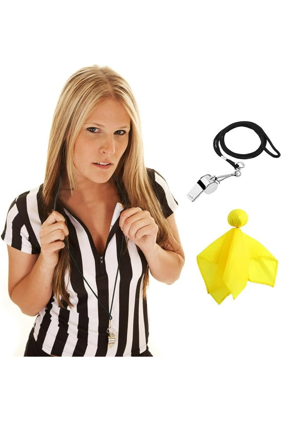 3 Pcs Women's Official Black & White Stripe Referee Shirt Zipper Collared V-Neck Referee Jersey ,Ref Whistle ,Yellow Penalty Flag for Basketball Football Soccer Refs Christmas Waitresses & Costume