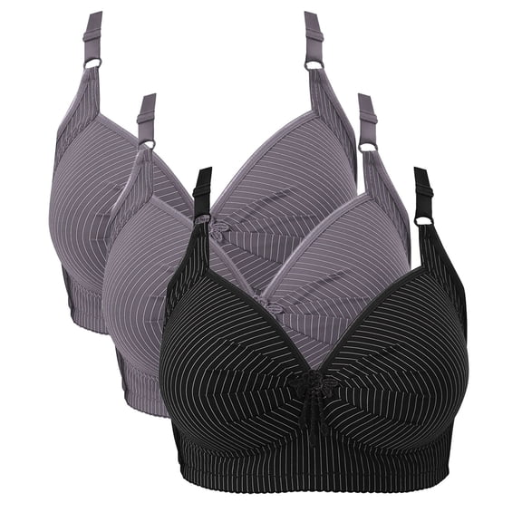 3 Pcs Womens Wireless Push-Up Bras Everyday Plus Size Full Coverage Bralette Ruched Striped Brassiere Underwear, 40/90BC