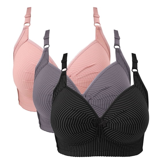 3 Pcs Womens Wireless Push-Up Bras Everyday Plus Size Full Coverage Bralette Ruched Striped Brassiere Underwear, 48/110BC