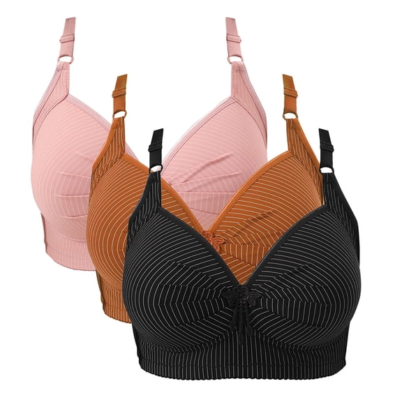 3 Pcs Womens Wireless Push-Up Bras Everyday Plus Size Full Coverage Bralette Ruched Striped Brassiere Underwear, 48/110BC