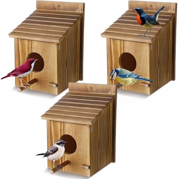 3 Pcs Wood Bird Houses for Outside with Pole Hanging Bluebird Wooden Birdhouse for Outdoor Small Bird Nest Box for Finch, Bluebird, Hummingbird, Parakeet Garden Perch$$Garden & Patio