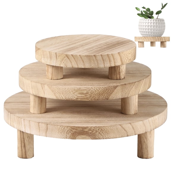 3 Pcs Wood Plant Stands, Wooden Pedestal Stands, Round Wood Display Risers, Modern Decorative Planter Holders, Flower Pot Display Trays, 6", 8", 10", Ideal for Home Decor