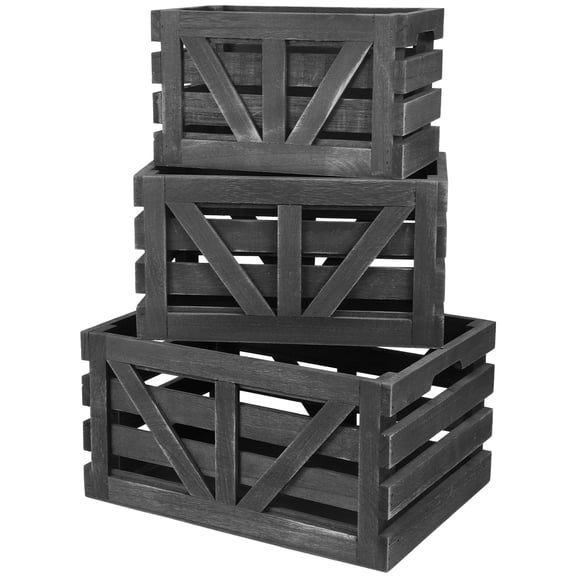 3 Pcs Wood Storage Crate Set Stackable Nesting Wooden Basket with Handles for Kitchen Fruit Vegetable Pantry Organization (black )