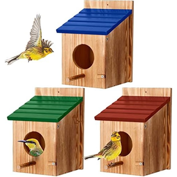 3 Pcs Wooden Bird Houses for Outside Bird House with Pole Wood Hanging Birdhouse for Outdoor Small Bird Nest Box for Finch, Bluebird, Cardinals, Hummingbird, Parakeet Garden Perch House