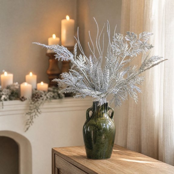 Silver Frosted Christmas Tree Picks, 15.75in Artificial Fern & Pine Stems for Wreath Centerpiece Holiday Decor Winter Home Silver