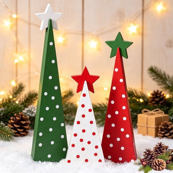3 Pcs Wooden Christmas Tree Tabletop Decor, Rustic Farmhouse Tiered Tray Centerpiece Signs with Detachable Stars, Red Green White Double Sided Xmas Mantel Shelf Decor