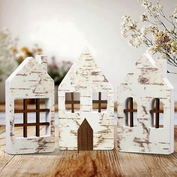 3 Pcs Wooden House Decor Farmhouse Rustic,Village House