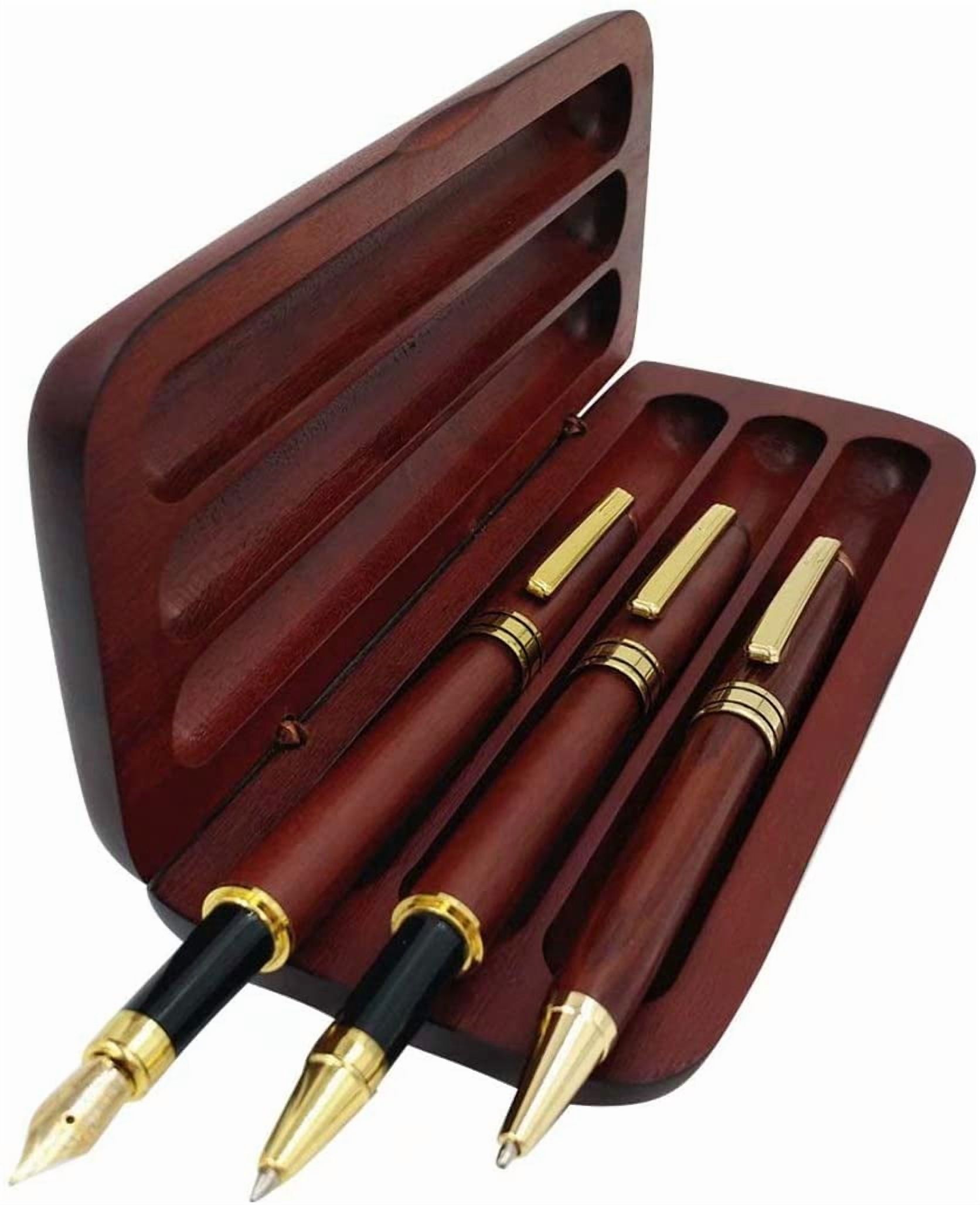 3 Pcs Wooden Pens Set with Gift Case/Best Writing Fountain Fancy Ballpoint Pen and Luxury Gel Pen with Ink Refills, Promotional Business Designer Pens
