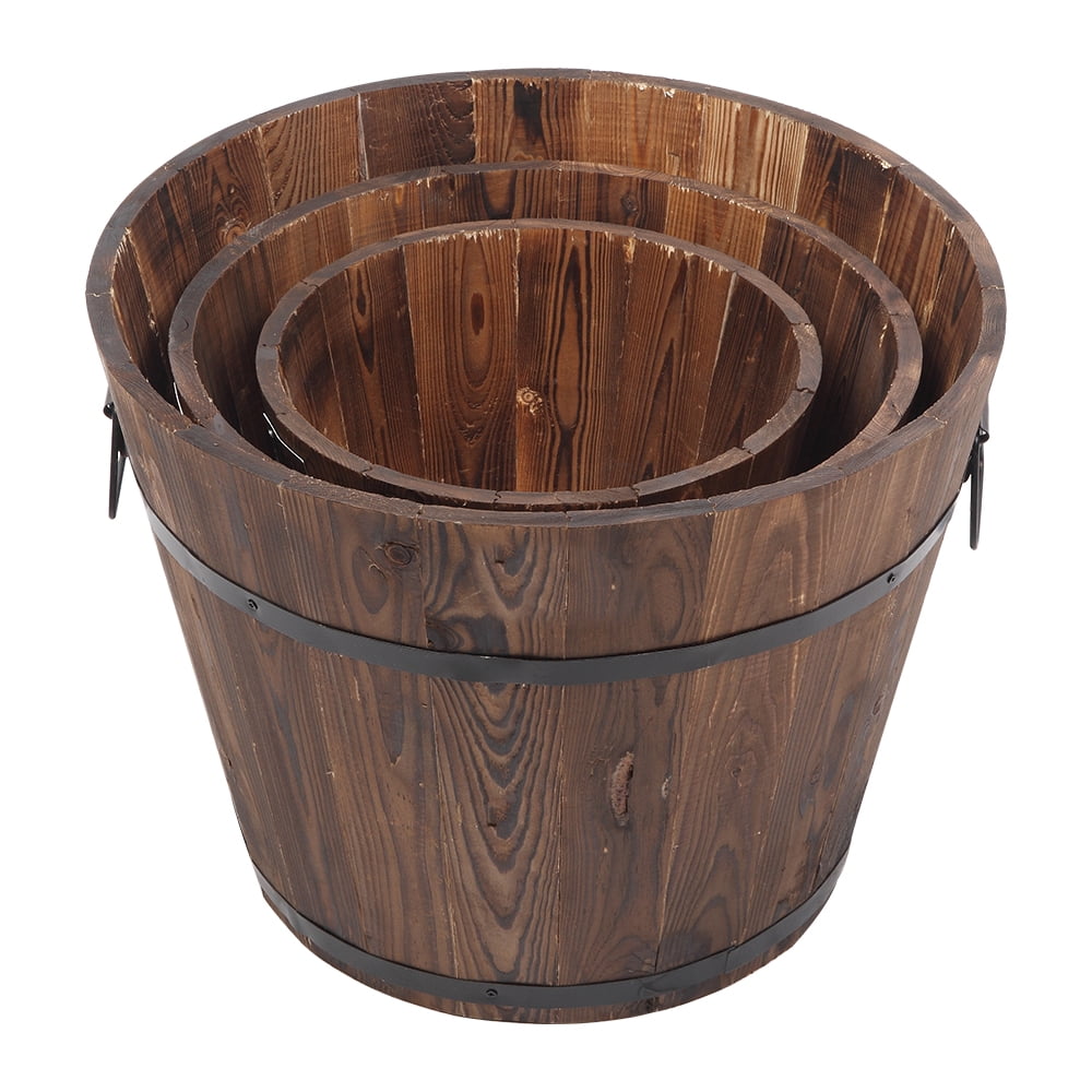 3 Pcs Wooden Planter Barrel Set, Outdoor Flower Pots with Handle & Drainage Holes, Rustic Whiskey Barrel Planter for Plants, Herbs, Veggies, Indoor Outdoor Use