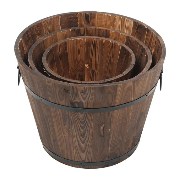 3 Pcs Wooden Planter Barrel Set, Outdoor Flower Pots with Handle & Drainage Holes, Rustic Whiskey Barrel Planter for Plants, Herbs, Veggies, Indoor Outdoor Use
